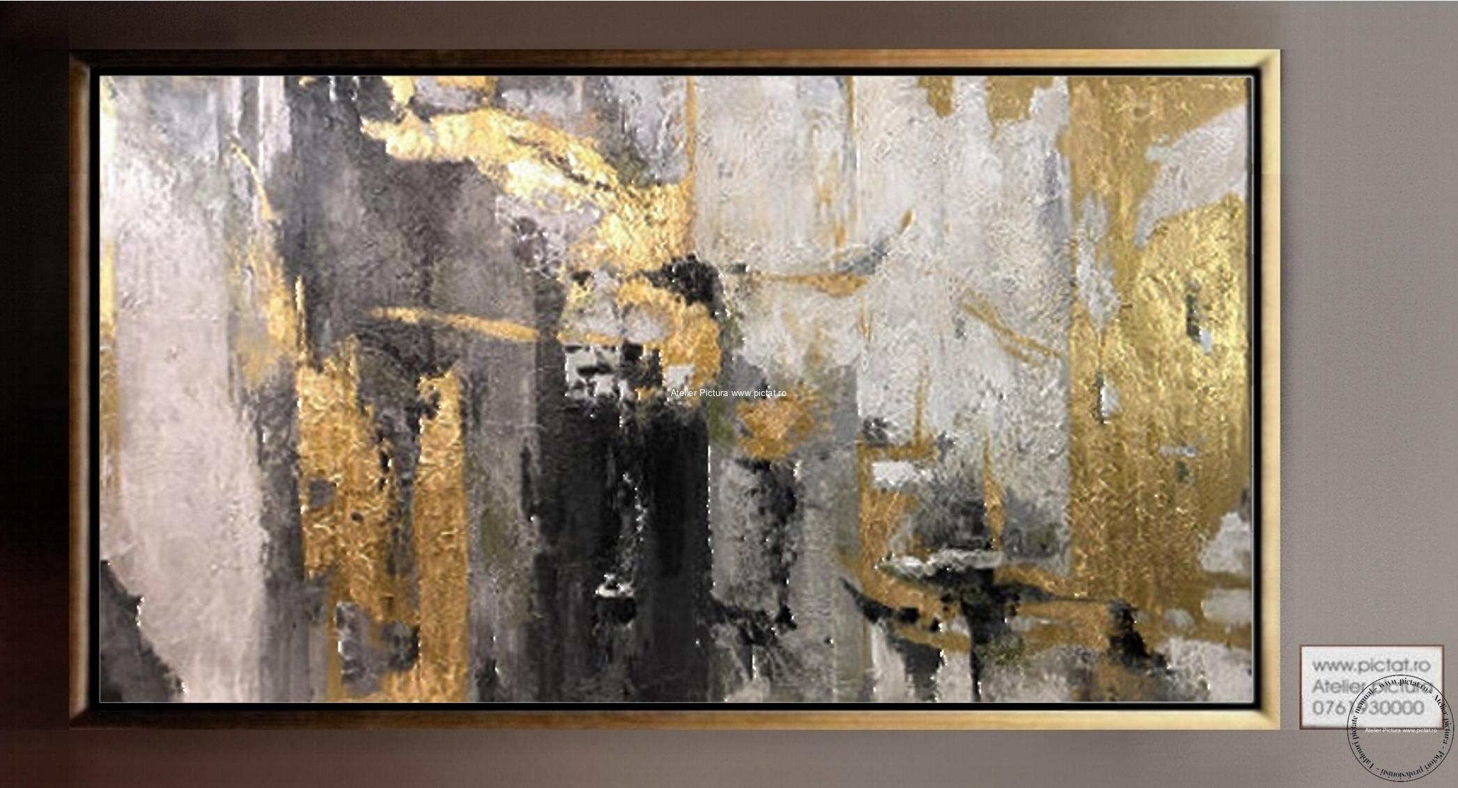 Tablouri pictate manual Tablou abstract placat cu foita aur, Tablou alb negru, Tablou auriu, tablouri sufragerie moderne, tablou sufragerie, tablou birou, Idei cadouri