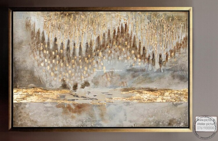 Tablou alb auriu, tablou abstract auriu, tablouri aurii, tablou foita aur, tablou in relief efect 3D, tablouri living, tablouri moderne decorative