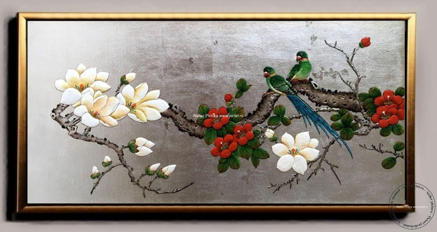 Tablouri pictate manual, Tablou cu flori Tablou cu doua pasari Tablou feng shui