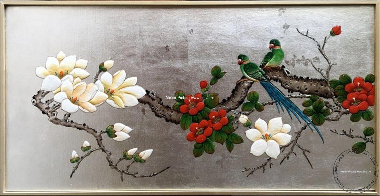 Tablouri pictate manual, Tablou cu flori Tablou cu doua pasari Tablou feng shui