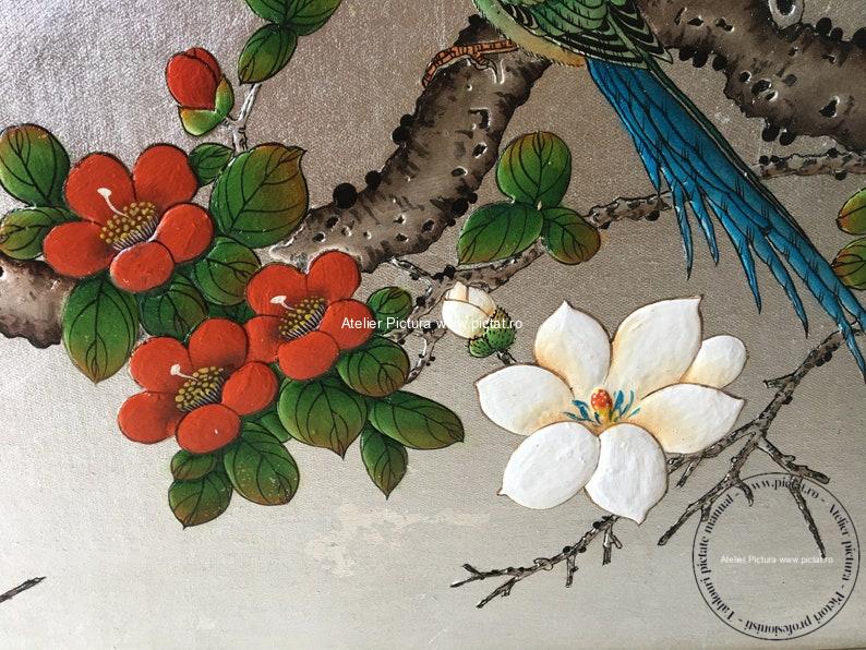 Tablouri pictate manual, Tablou cu flori Tablou cu doua pasari Tablou feng shui