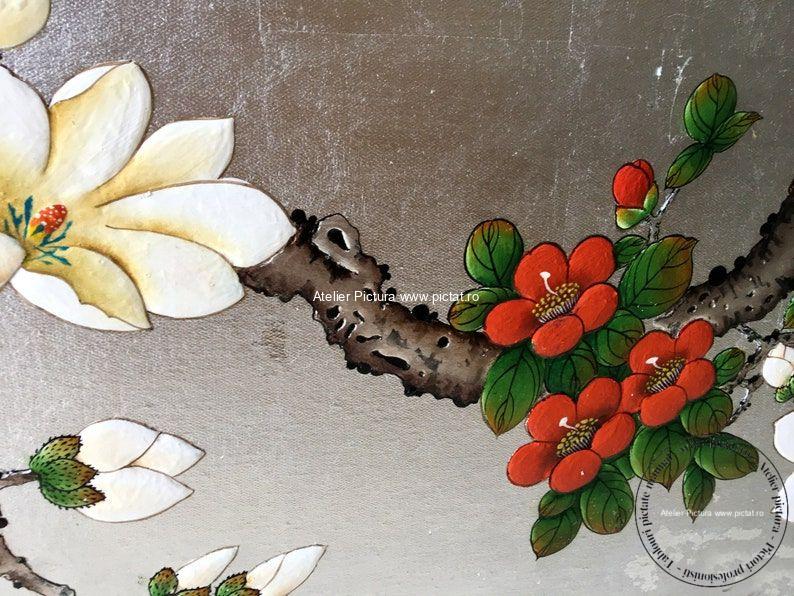 Tablouri pictate manual, Tablou cu flori Tablou cu doua pasari Tablou feng shui