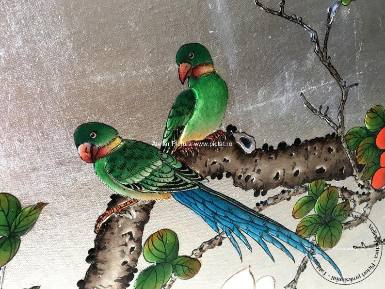 Tablouri pictate manual, Tablou cu flori Tablou cu doua pasari Tablou feng shui