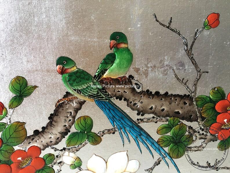 Tablouri pictate manual, Tablou cu flori Tablou cu doua pasari Tablou feng shui