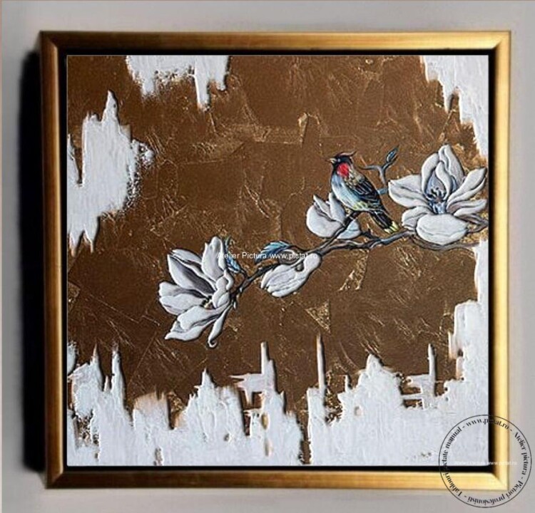 Tablouri pictate manual Tablou abstract cu flori Tablou cu pasari, foita bronz