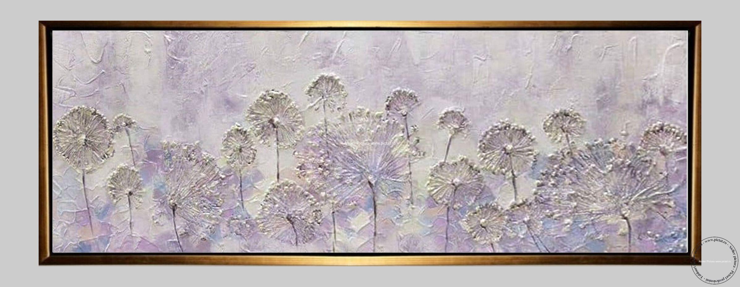 Tablouri pictate manual, Pictura abstracta cu flori mov, Tablou modern in cutit