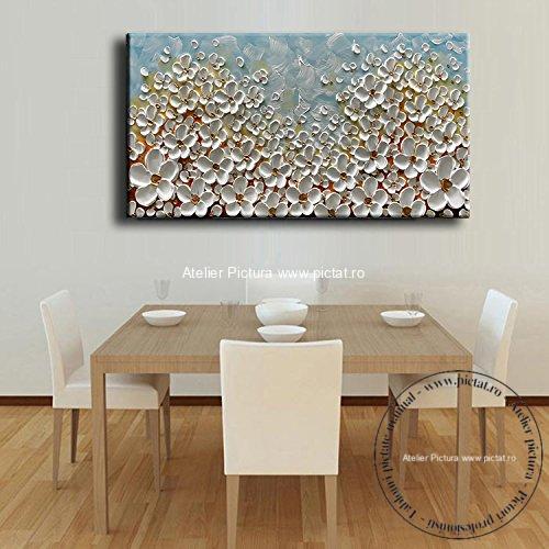 Tablouri pictate manual, Tablou cu flori albe in relief, Tablou abstract modern