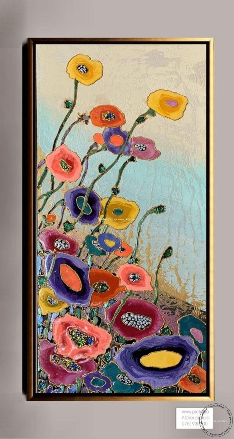 Tablouri pictate manual, Tablou abstract cu flori multicolorate Tablou in relief