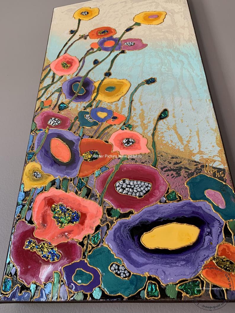 Tablouri pictate manual, Tablou abstract cu flori multicolorate Tablou in relief