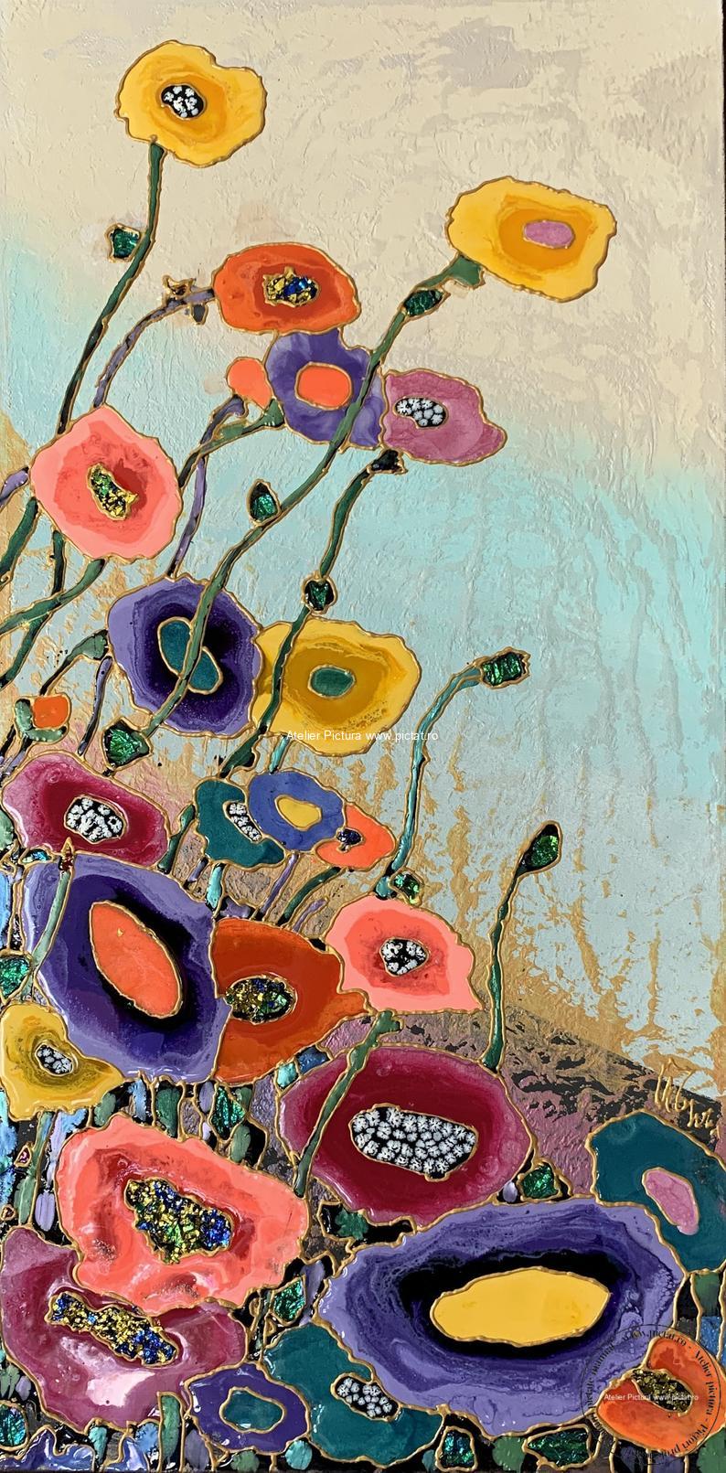 Tablouri pictate manual, Tablou abstract cu flori multicolorate Tablou in relief