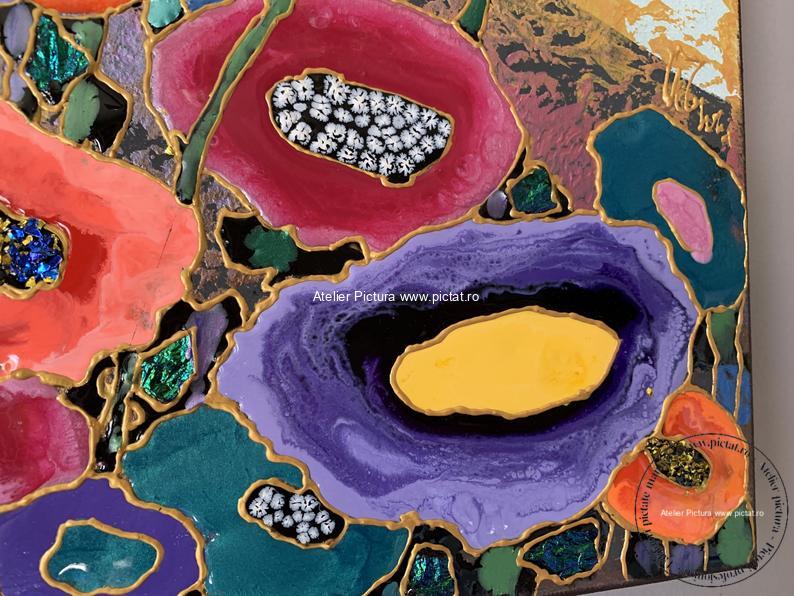 Tablouri pictate manual, Tablou abstract cu flori multicolorate Tablou in relief