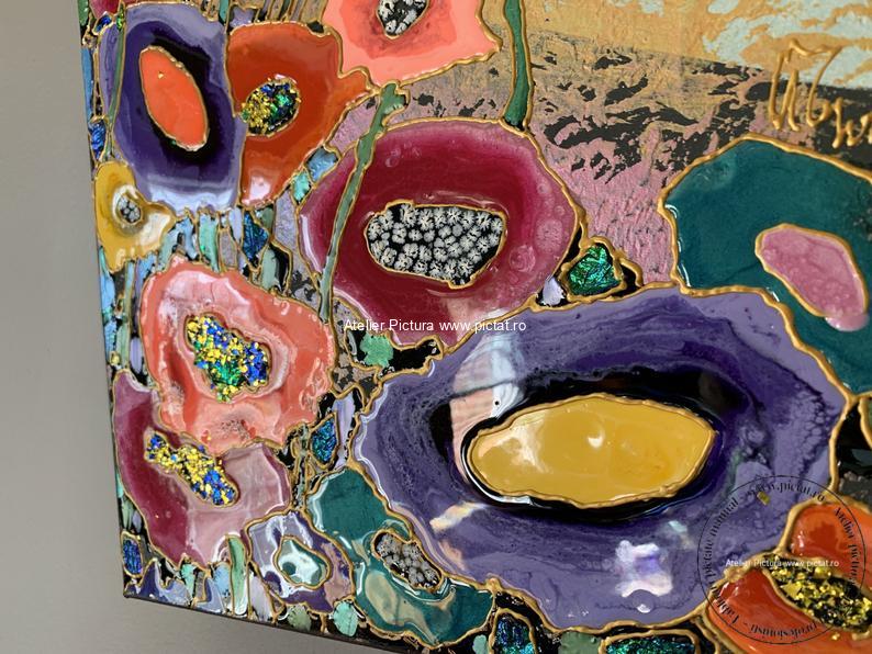 Tablouri pictate manual, Tablou abstract cu flori multicolorate Tablou in relief