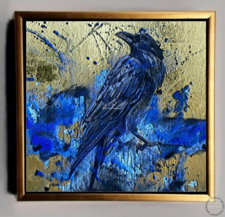 Tablouri pictate manual, Tablou cu pasare negru albastra Tablou abstract modern