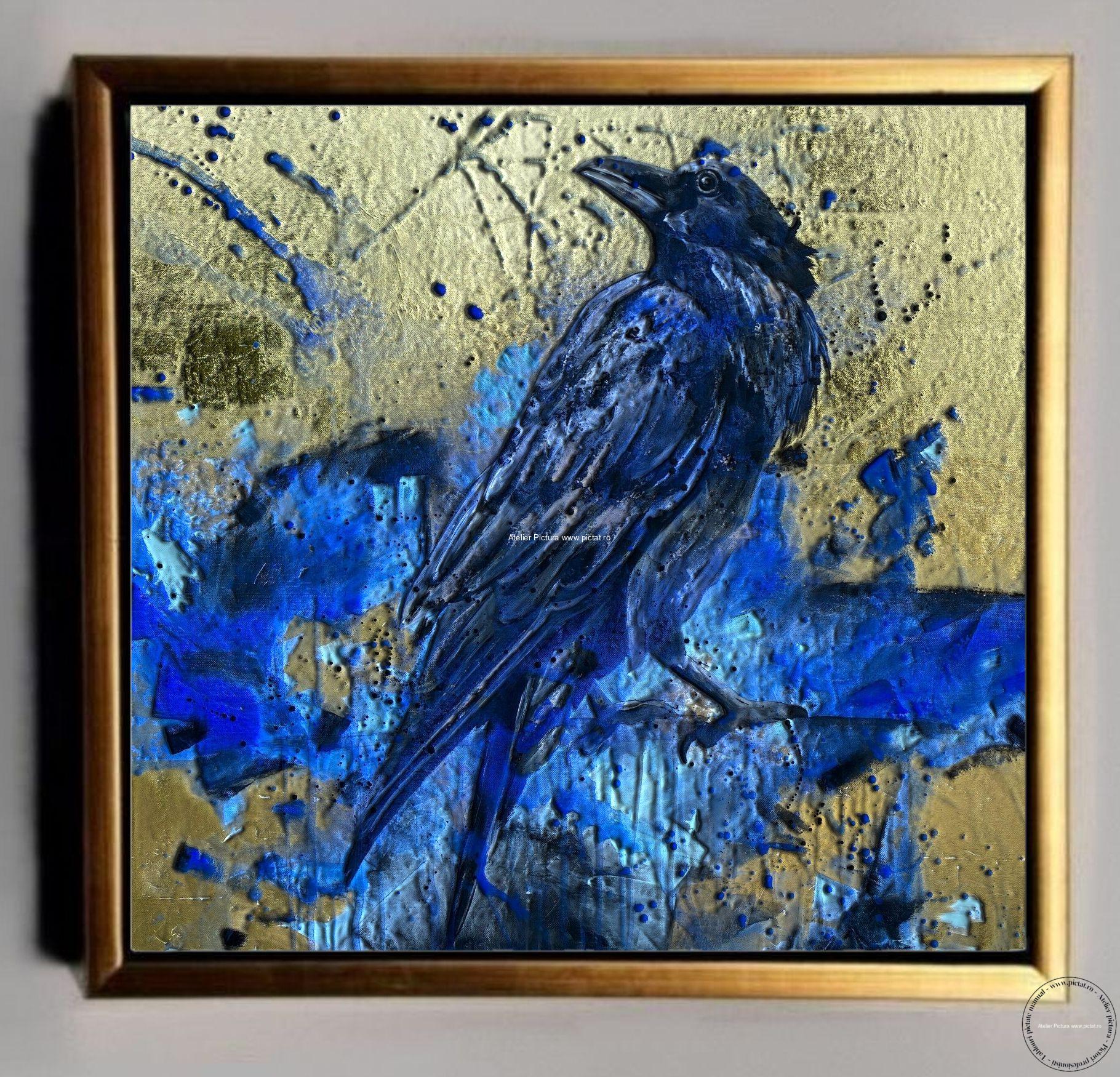 Tablouri pictate manual, Tablou cu pasare negru albastra Tablou abstract modern