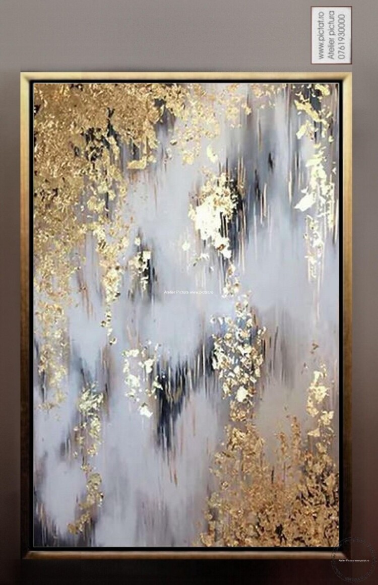 Tablou abstract foita de aur, tablouri sufragerie moderne, tablou sufragerie, tablou birou, Idei cadouri, tablou abstract modern, Tablou auriu