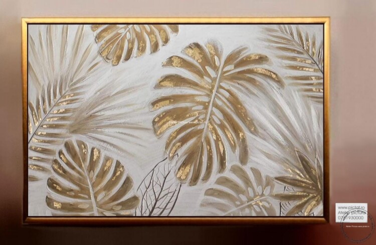 Tablouri pictate manual, Tablou frunze exotice aurii Tablou abstract modern decorativ