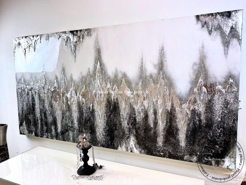 Tablou pictat manual Tablou abstract modern cu foita de argint. Glaciar - imagine 2