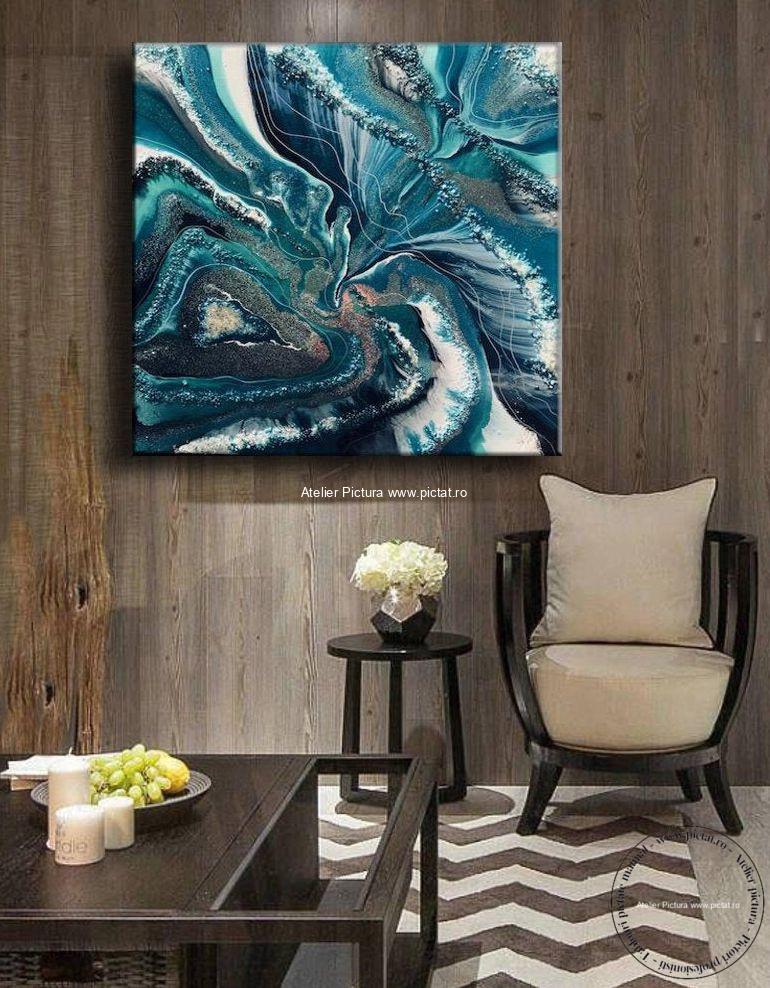 Tablouri pictate manual, Tablou modern abstract, Marmura cu filon de argint