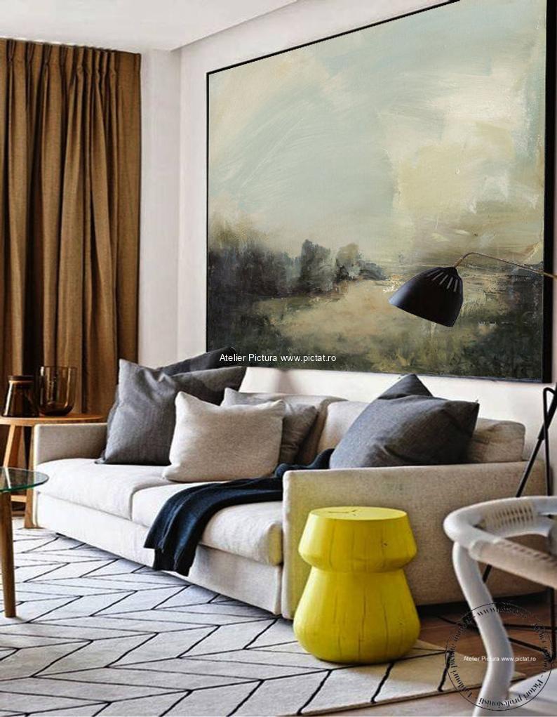 Tablouri pictate manual, Tablou abstract modern in cutit peisaj vara verde gri