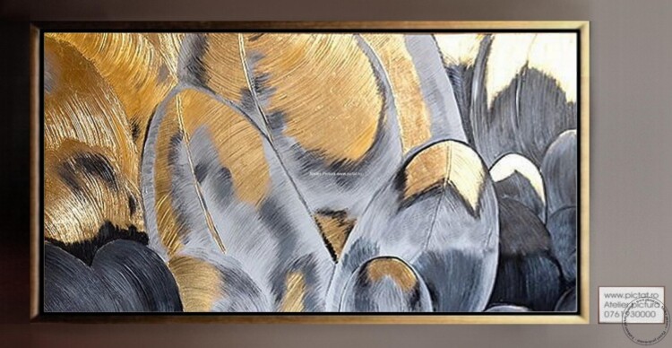 Tablouri pictate manual, Tablou frunze de toamna aurii Tablou abstract modern 3D