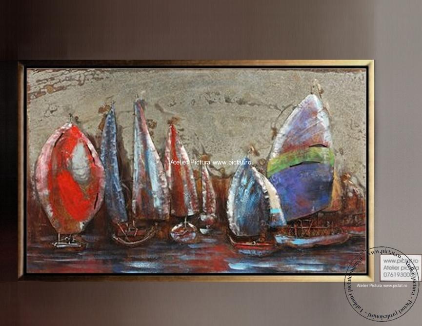 Tablou pictat manual Peisaj Regate Tablou modelaj lut, pictura in cutit efect 3D Arta Contemporana a