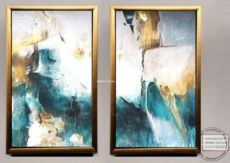 Set 2 tablouri living Tablouri pictate manual, Tablou abstract, Tablou turcoaz, Tablou auriu