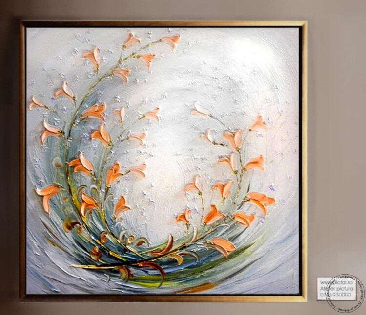 Tablouri pictate manual, Tablou ramura cu flori oranje, Abstract in cutit