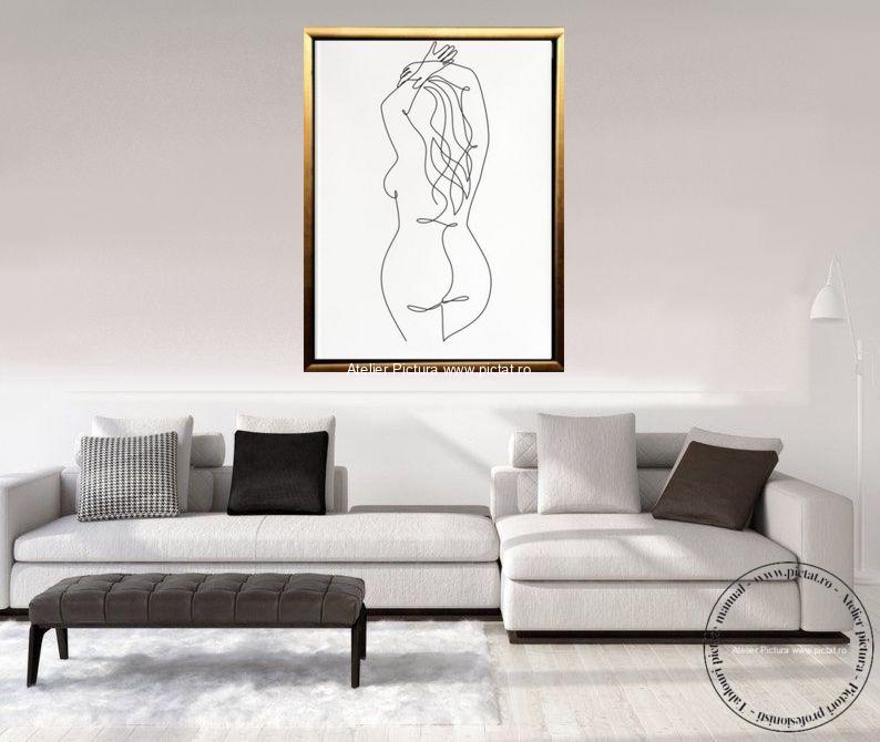 Tablouri pictate manual, Tablou nud abstract alb negru minimalist silueta de femeie