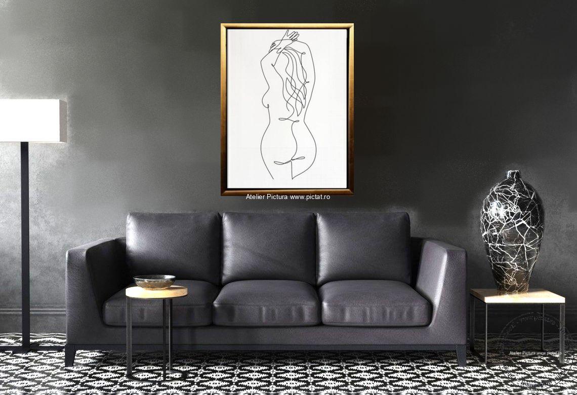 Tablouri pictate manual, Tablou nud abstract alb negru minimalist silueta de femeie - imagine 3