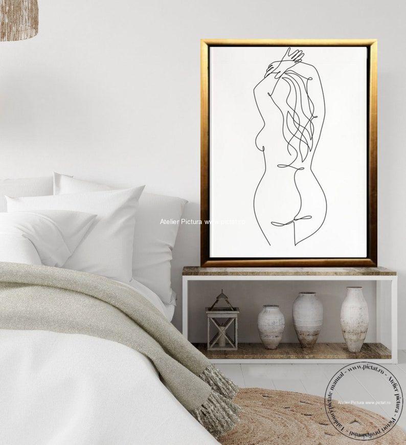 Tablouri pictate manual, Tablou nud abstract alb negru minimalist silueta de femeie - imagine 2