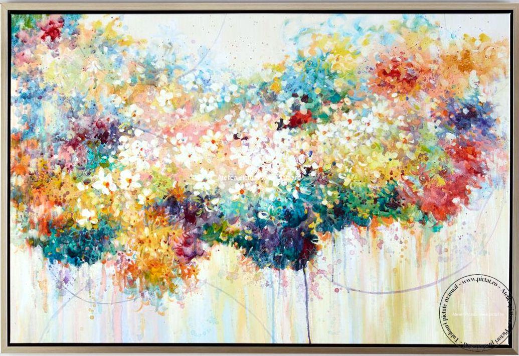 Tablou pictat manual Tablou abstract peisaj vara, Tablou cu flori de camp - imagine 4
