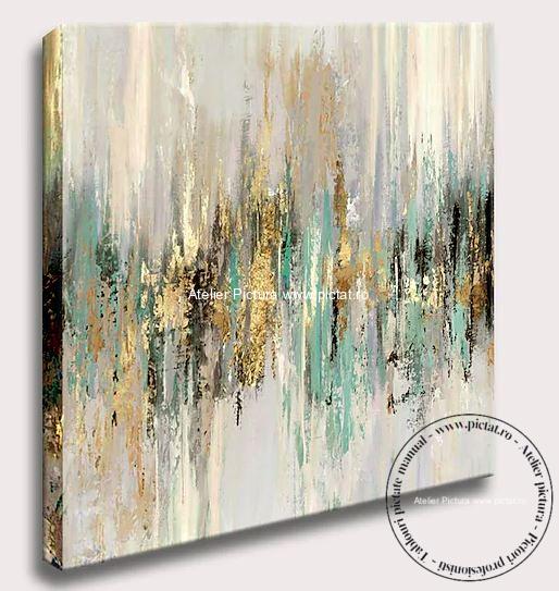 Tablou abstract verde Tablou pictat tablouri sufragerie moderne, tablou sufragerie, tablou birou, tablou auriu, Tablou alb, Idei cadouri - imagine 3