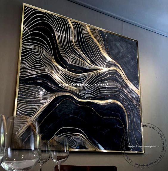 Tablouri pictate manual, Tablou abstract negru, UNDELE, Filigran auriu
