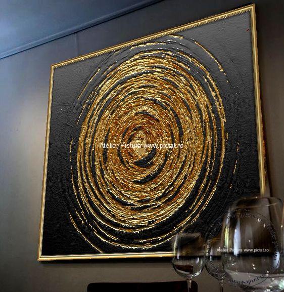 Tablouri pictate manual, Spirala aur, tablou abstract in cutit, Tablou acrilic - imagine 2