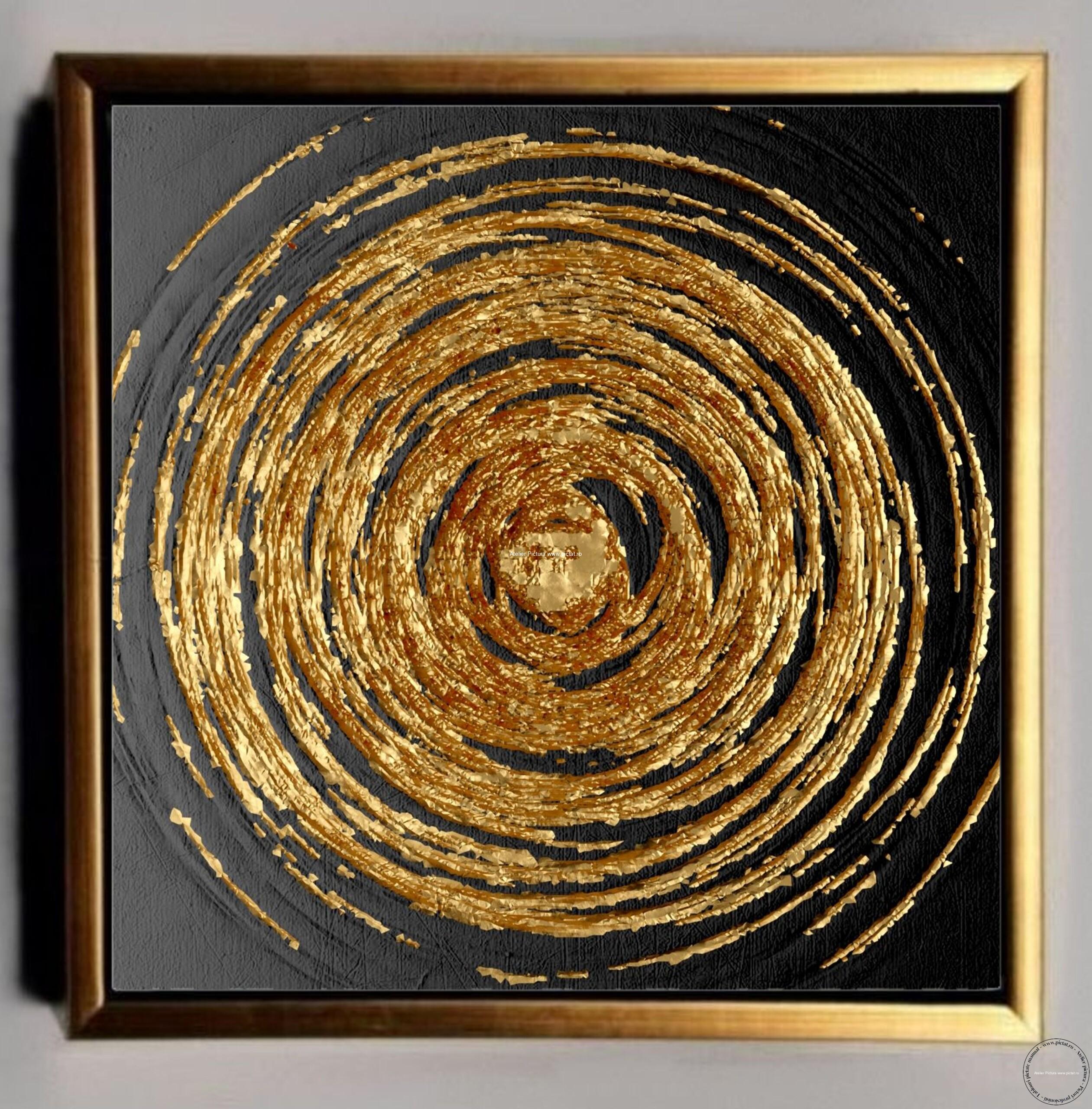 Tablouri pictate manual, Spirala aur, tablou abstract in cutit, Tablou acrilic