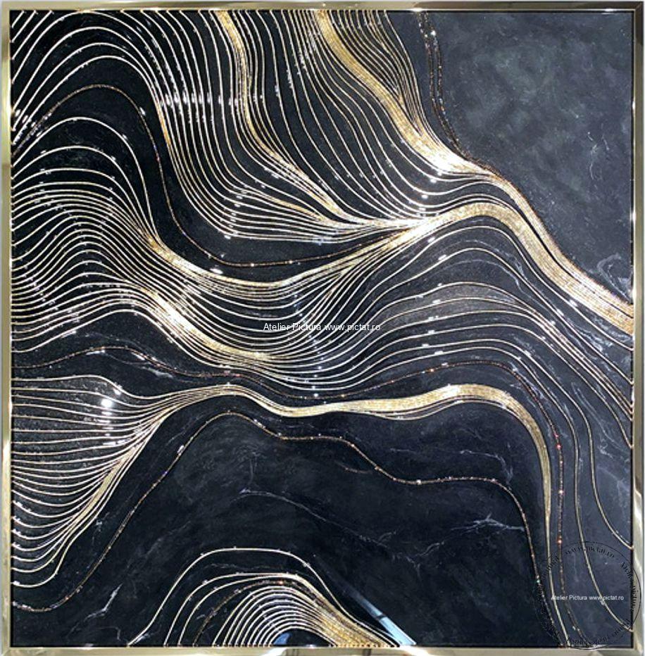 Tablouri pictate manual, Tablou abstract negru, UNDELE, Filigran auriu