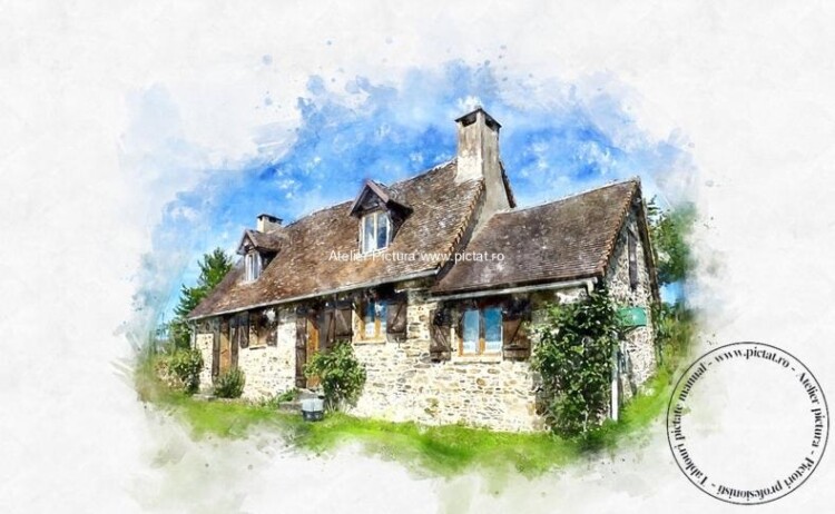 Tablouri pictate manual, tablou casa la tara, tablou cu prima ta casa, tablou personalizat dupa poza casei tale, tablouri living, tablouri moderne.