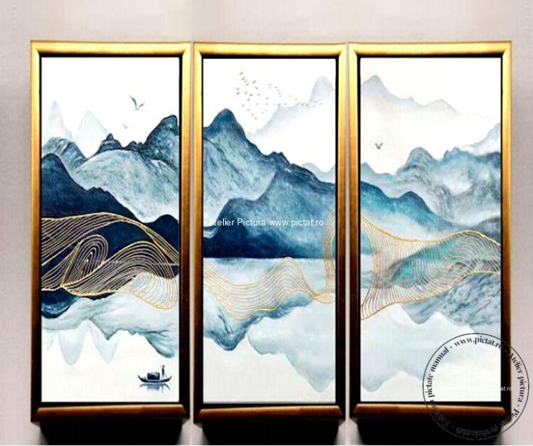Tablouri pictate manual, Tablou peisaj abstract cu munti si lac, Filigran