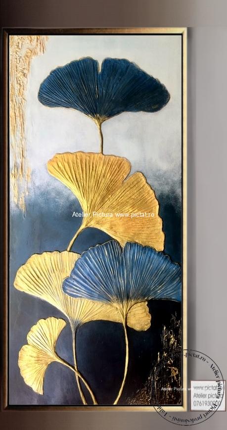 Tablouri pictate manual, Tablou plante medicinale, tablou frunze Ginkgo biloba, tablouri living, tablouri moderne