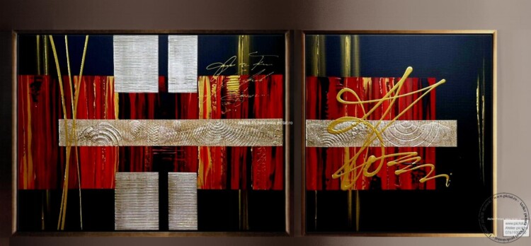 Set 2 Tablouri abstracte pictate manual Tablou abstract rosu negru, set tablouri living