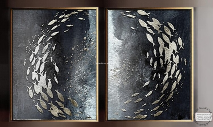 Tablou pictat manual set 2x Tablou abstract, pictura in cutit, foita de aur, pesti in ocean