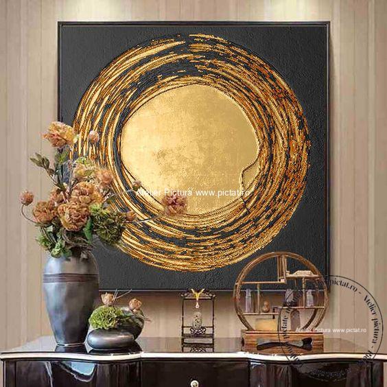 Tablou pictat manual Tablou in cutit decorativ geometric Cerc auriu