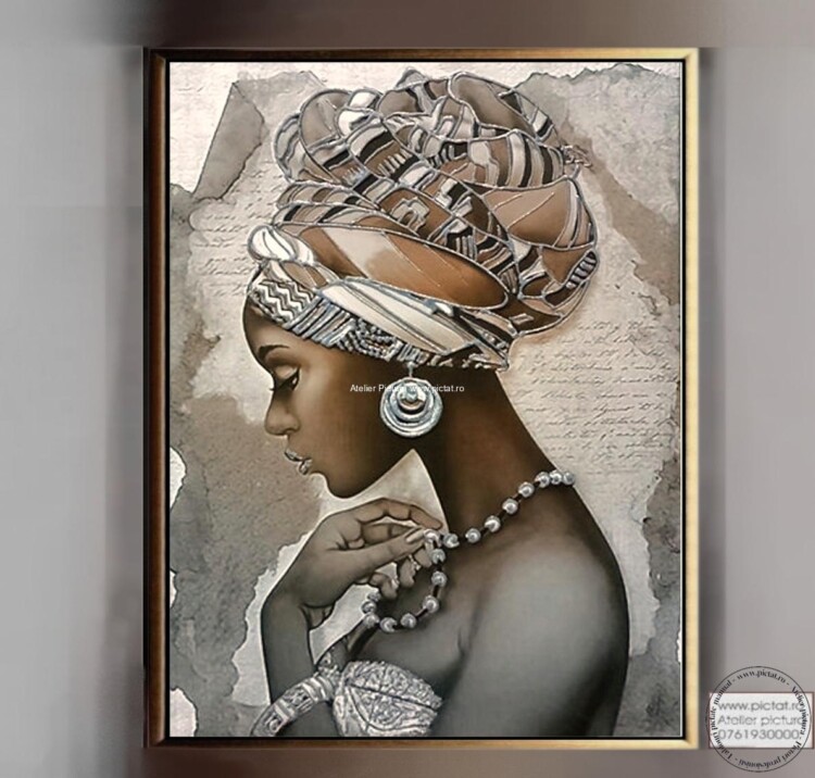 Tablou pictat Arta afro, Tablou africa, Portret femeie africa cu turban