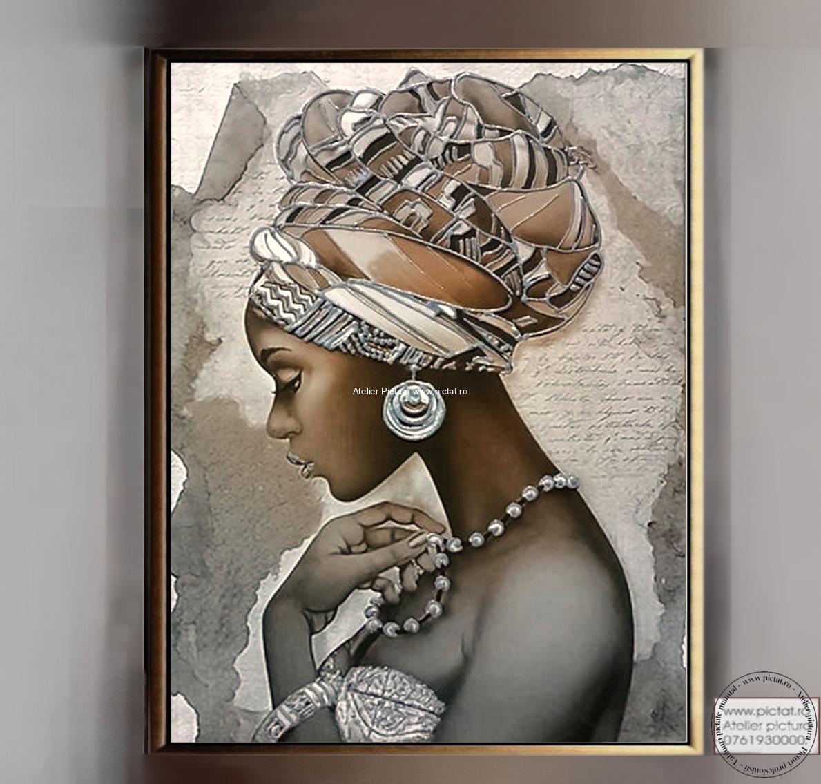 Tablou pictat Arta afro, Tablou africa, Portret femeie africa cu turban