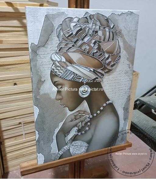 Tablou pictat Arta afro, Tablou africa, Portret femeie africa cu turban