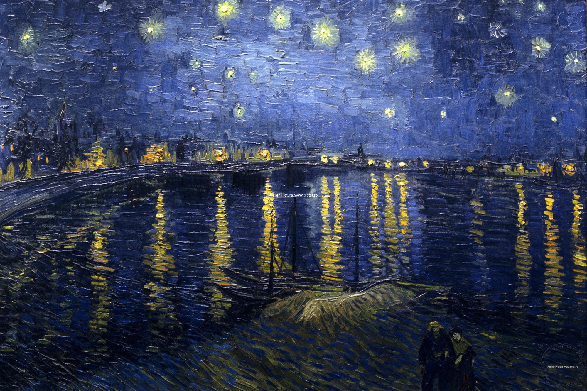 Tablou pictat Peisaj Noaptea Instelata peste Rhone Pictor Vincent Van Gogh - imagine 5
