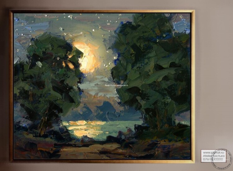 Tablouri pictate manual, Peisaj nocturn, tablou cu luna plina, Peisaj abstract