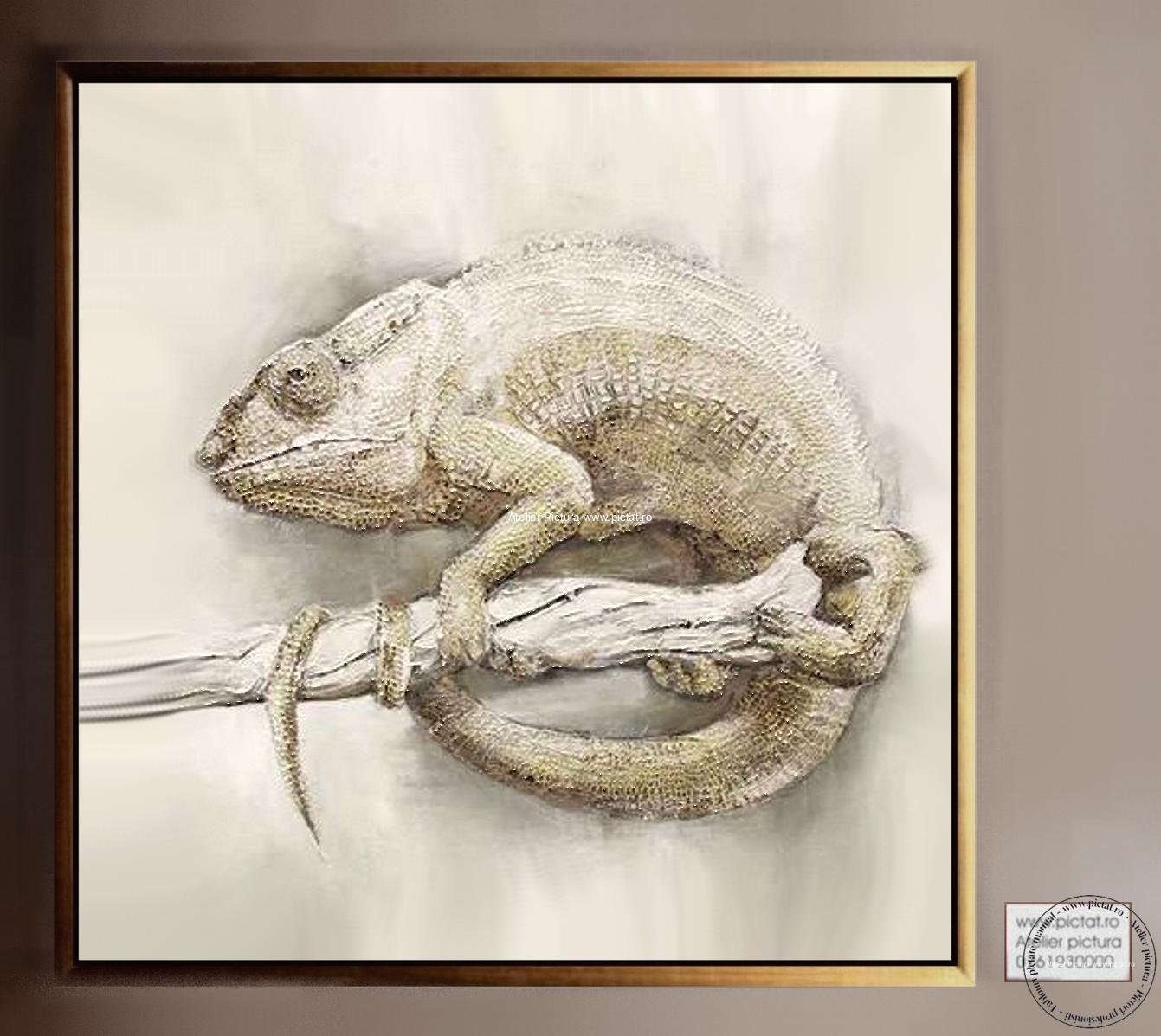 Tablou pictat Pictura in ulei cameleon african, tablou abstract modern reliefat