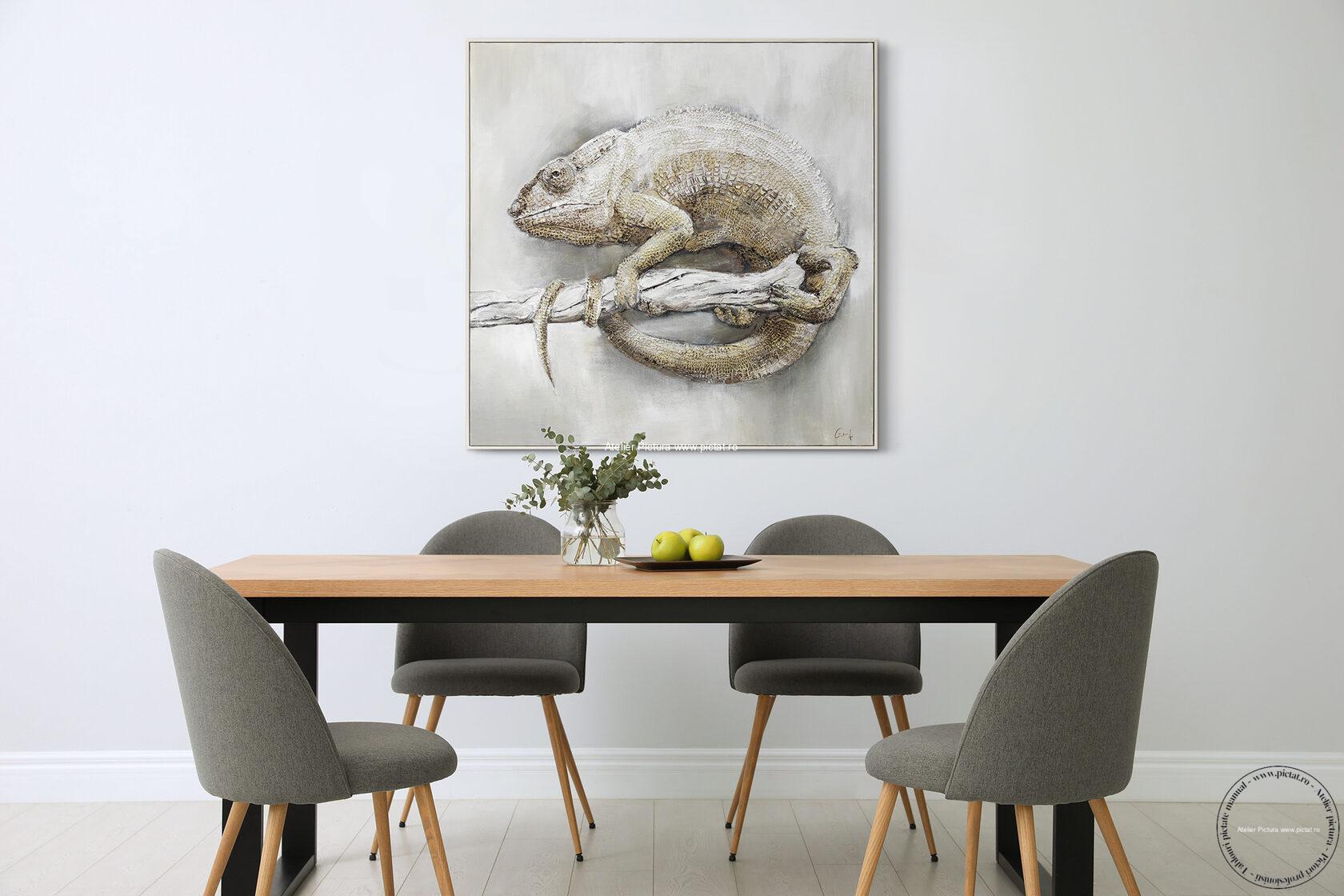 Tablou pictat Pictura in ulei cameleon african, tablou abstract modern reliefat - imagine 2