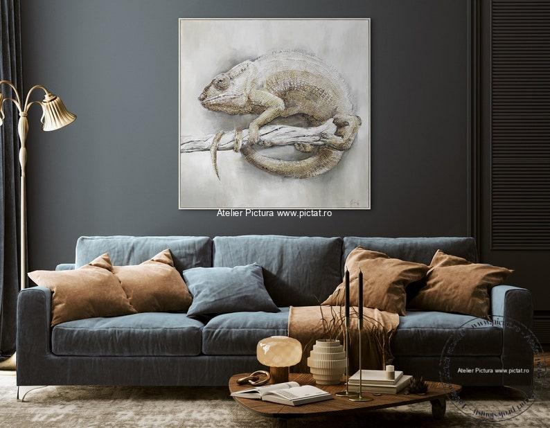 Tablou pictat Pictura in ulei cameleon african, tablou abstract modern reliefat - imagine 3